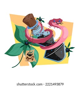 Potion bottle with snake. Killer poison made from poisonous berries. Great for banners, postcards, greeting cards, invitations, tattoos, for printing on T-shirts and more. Cartoon Vector illustration