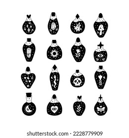 Colección vectorial de botellas de poción. Las brujas se reproducen con elementos celestes ilustrativos. Iconos místicos de elixir o veneno. Símbolo de alquimia, tarro mágico con luna, cráneo, seta, serpiente, cristal.