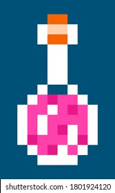 Potion bottle vector pixel object. Glass transparent bottle with cork isolated on white background. Phial vial with pink potion or poison. Laboratory equipment pixel art icon jar beaker and flask