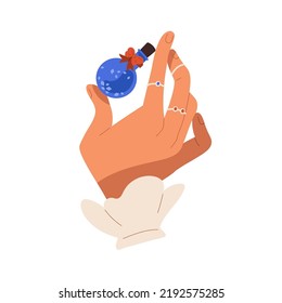 Potion bottle in witch hand. Holding vial of poison. Liquid elixir, essence for witchcraft, wizardry, black magic. Female arm with perfume jar. Flat vector illustration isolated on white background