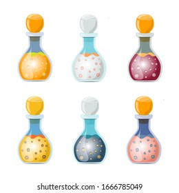 Potion bottles. Alchemist liquids, cartoon love potion, poison, magic elixir. Vector set of fantasy game chemical jars for magic alchemy laboratory.