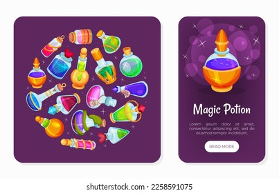 Botellas de poción Diseño de pancarta con líquido mágico en barra de cristal en plantilla de vectores de fondo morado