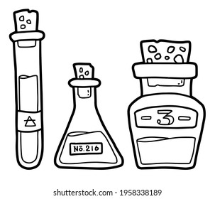 Potion bottles. Beaker, bottle and jar. Magic items. Potion making. 