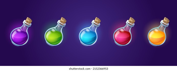 Potion bottles with colorful magic elixir, cartoon glass beakers with glow liquid and corkwood plugs. Witch poison flasks gui or ui game assets, wizard or fairy vials, Vector illustration, icons set