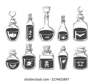 Potion bottles drawings. Drawn alchemy elixir magic flasks, vintage witchcraft poison vials sketch, magical witchcrafting perfum drawing flacons vector illustration