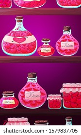 Potion bottles, jars on shelf. Collection of many types  liquid elixir bottles. Colorful valentines day vector illustration. Magic love potion jars icons with hearts, kisses, Love poison glass bottle.