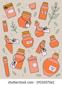 Potion bottles with labels and herbs