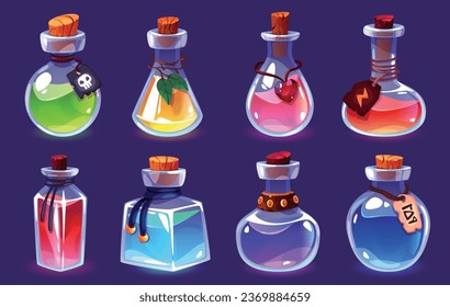 Potion bottles. Magic alchemist elixirs, different forms vials, various colors liquid. Game interface objects, fantasy jar with luck and love, glass jars, gui design elements tidy vector set