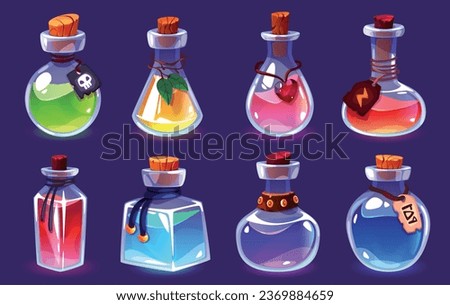Potion bottles. Magic alchemist elixirs, different forms vials, various colors liquid. Game interface objects, fantasy jar with luck and love, glass jars, gui design elements tidy vector set