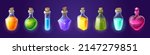 Potion bottles with magic elixir, cartoon glass flasks with colorful glowing liquid and corkwood plugs. Witch poison gui or ui game assets, alchemist apothecary vials, Vector illustration, icons set
