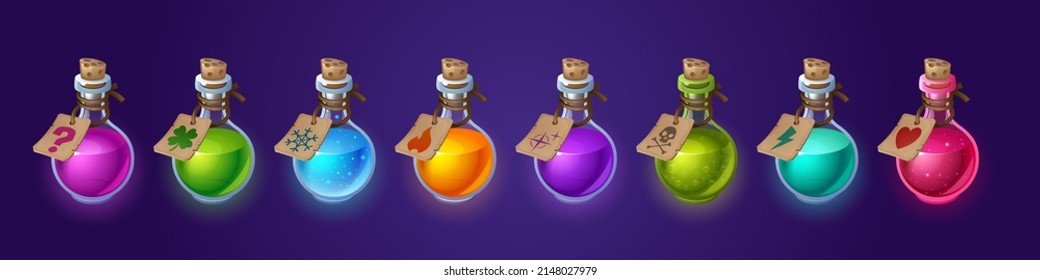 Potion bottles with magic elixir and tags, cartoon glass flasks with clover, snowflake, fire, skull, flash, heat and unknown witch poisons. Ui game assets, alchemy vials Vector illustration, icons set