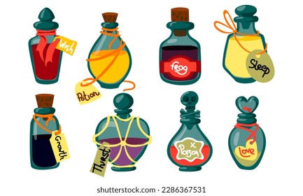 Potion bottles with magic elixir and tags, cartoon glass flasks with unknown witch poisons. Vector illustration of alchemical vials hand-drawn. Witch potions for Halloween magic. Collection of glass