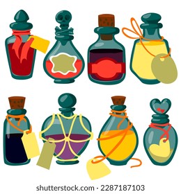 Potion bottles with magic elixir and tags, cartoon glass flasks with unknown witch poisons. Vector illustration of alchemical vials hand-drawn. Witch potions for Halloween magic. Collection of glass