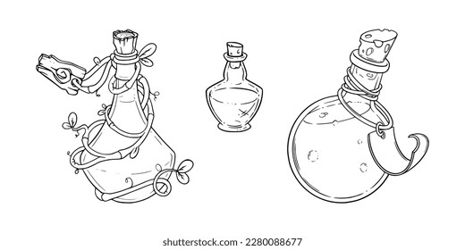 Potion bottles with magic poison. Alchemist bottles with tags. Sketch vector illustration isolated in white background