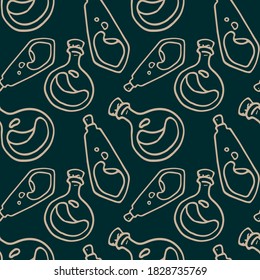 Potion bottles on dark green backdrop. Halloween seamless pattern for wallpaper, wrap paper, sleeper, bath tile, apparel or bed linen Phone case or cloth print. Doodle style stock vector illustration
