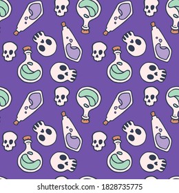 Potion bottles on violet backdrop. Halloween seamless pattern for wallpaper, wrap paper, sleeper, bath tile, apparel or bed linen. Phone case or cloth print. Doodle style stock vector illustration
