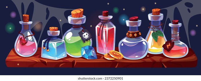 Potion bottles on wooden shelf. Alchemist or witch magic elixirs in different glass jars, gui inventory elements, game witchcraft liquids, gem stone and golden coin on table. Tidy vector concept