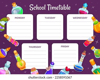 Potion Bottles School Timetable Design with Magic Liquid in Glass Jar on Purple Background Vector Template
