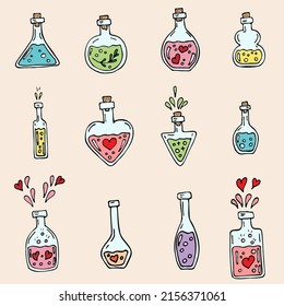 Potion bottles set. Alchemy set. Vector icons of glass flasks with magic elixir. Witch poison, love potion, halloween. Alchemy elixir in glass flask. Hand drawn illustration