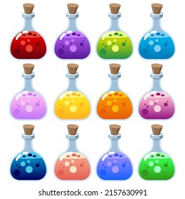 Potion bottles set. Alchemy set. Vector icons of glass flasks with magic elixir. Witch poison, love potion, halloween