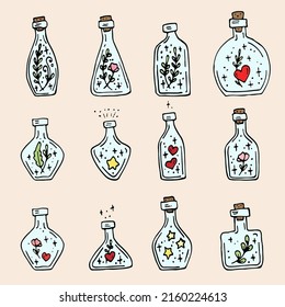 Potion bottles set. Alchemy set. Vector icons of glass flasks with magic elixir. Witch poison, love potion, halloween. Alchemy elixir in glass flask. Hand drawn illustration