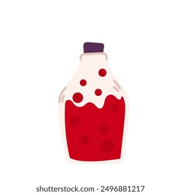 Potion bottles set isolated Happy Halloween day. Cartoon vector illustration of different shape glass jars with liquid substance.