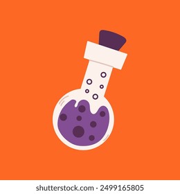 Conjunto de botellas de poción aislado Feliz día de Halloween. Ilustración vectorial de dibujos animados de frascos de vidrio de diferentes formas con sustancia líquida.