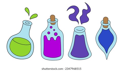 Potion bottles set isolated on white background. Cartoon flat vector illustration of different shape glass jars with colorful liquid substance. Magic shop, witchcraft accessories. Game props