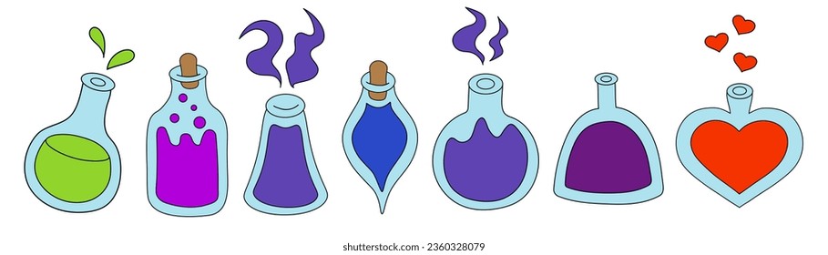 Potion bottles set isolated on white background. Cartoon flat vector illustration of different shape glass jars with colorful liquid substance. Magic shop, witchcraft accessories