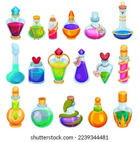 Potion bottles set. Magic elixir or alchemist poison, glass jars and flasks with colorful liquid cartoon vector