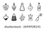 Potion bottles set, poisons, love potions, sparkles, monochrome line art hand drawn style. Vector illustration.