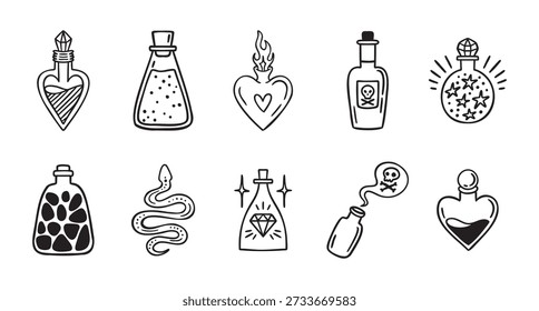 Conjunto de botellas de poción, venenos, pociones de amor, destellos, estilo dibujado a mano de arte de línea monocromo. Ilustración vectorial.