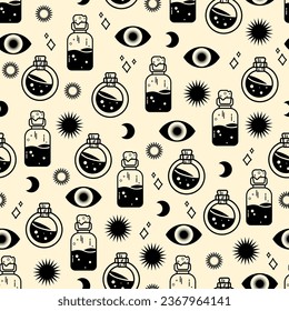 Potion bottles, sparkles, eyes, moon and sun black silhouettes seamless pattern. Halloween concept flat illustration. Vector cartoon design for web and print.