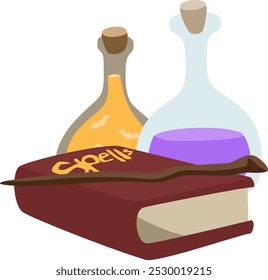 Botellas de poción con libro de hechizos y varita