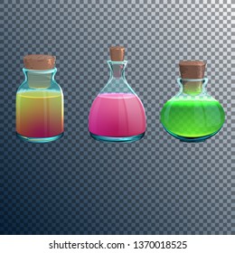 potion bottles. Vector containers with liquid. Cartoon illustration.