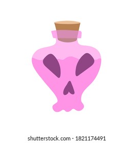 Potion bottles vector icon of witch magic elixir or alchemist poison. Evil wizard glass jars and magician flasks with colorful liquid, creepy skull tags and corks. Magical drink, Halloween design