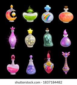 Potion bottles vector icons, elixir in glass flasks with magic dust and stars, love potion and rainbow. Glowing liquid and mushrooms or air bubbles, witch poison. Cartoon gui, rpg games alchemy assets