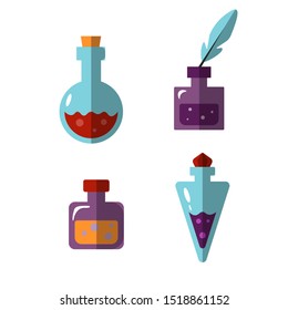 Potion bottles vector icons of witch magic elixir or alchemist poison. Evil wizard glass jars and magician flasks. Drinks of alchemy or chemistry illustration set of magnificent elixir in phial