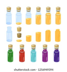 Potion bottles. Vector illustration. colorful set. In the bottle poured a different amount of creepy.