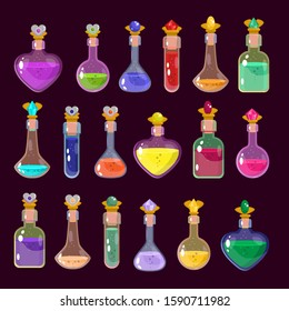 Potion bottles vector illustration of witch magic elixir or alchemist poison. Glass jars and magician flasks with colorful liquid, vector set on dark background isolated, flat style