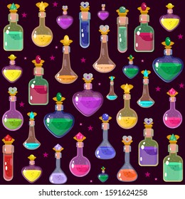 Potion bottles vector pattern of witch magic elixir or alchemist poison. Glass jars and magician flasks with colorful liquid, vector background, flat style