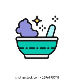 Potion bowl, magic mortar and pestle flat color line icon.