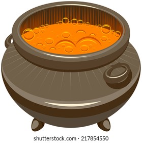 Potion brewed and boiling in the cauldron. Illustration in vector format