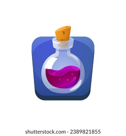 Potion bulb bottle with pink liquid button. Flask with magic elixir on board background. Game ui design element and asset. Isolated cartoon vector illustration.