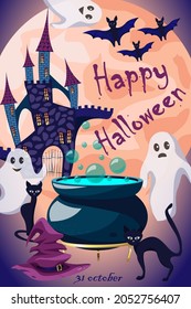 Potion cauldron, black cat, bats, witch hat, castle, ghosts and inscription Happy Halloween on background of the moon. Cartoon vector illustration. Suitable for banner, poster, flyer, greeting card.