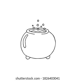 Potion cauldron. Witchcraft. Halloween. Vector hand-drawn doodle illustration. Black and white outline.