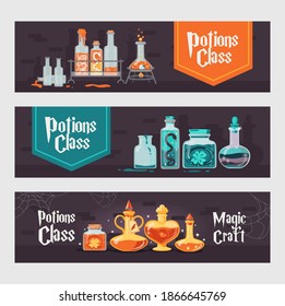 Potion class banners set. Magic bottles with witchcraft drinks or poisons vector illustrations with text. Witchery and Halloween concept for flyers and leaflets design