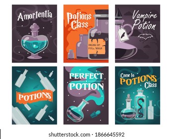 Potion class flyers set. Magic bottles with witchcraft drinks or poisons vector illustrations with text. Witchery and Halloween concept for posters and brochures design