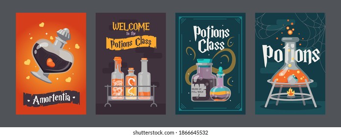 Potion class posters set. Magic bottles with witchcraft drinks or poisons vector illustrations with text. Witchery and Halloween concept for flyers and brochures design