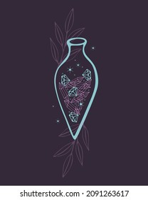 Potion crystals magic bottle witchcraft magic, doodle boho style. Vector illustration